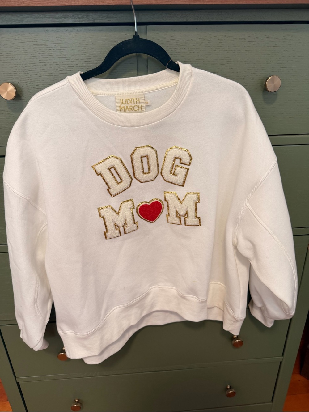 Judith March Cream Sweatshirt with Gold Trim and Red Heart